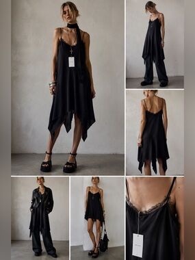 Zara Basic NWT Black Satin Lace Trim Handkerchief Hem Slip Dress Size S